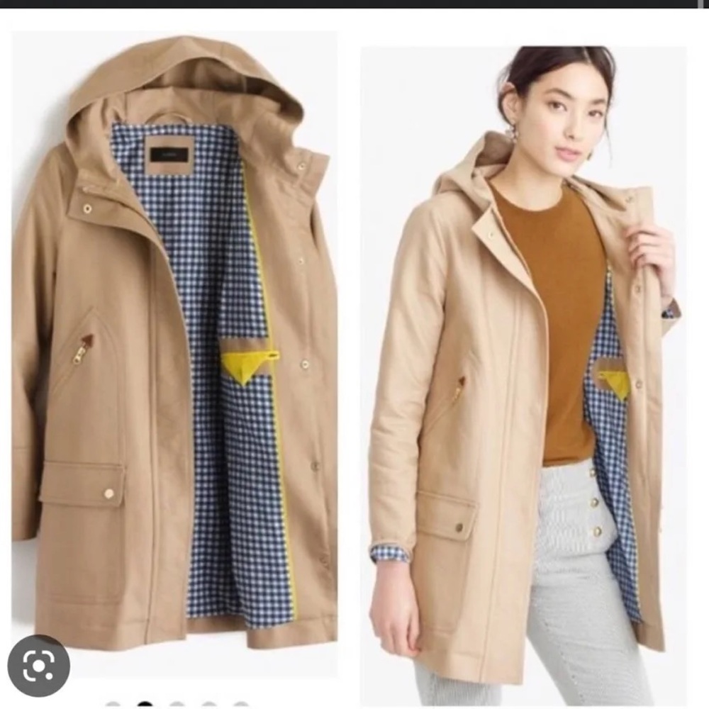 Women’s J. Crew Hooded Chateau Trench Coat with Gingham Lining